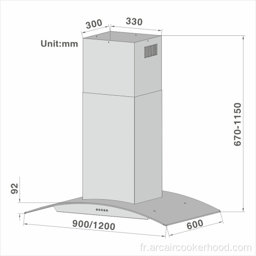 90 cm Hood 803 traditionnel en verre incurvé 803